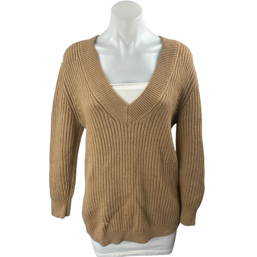 Aritzia Babaton Women's Tan Merino Wool Long Sleeve V Neck Sweater Top Size XS